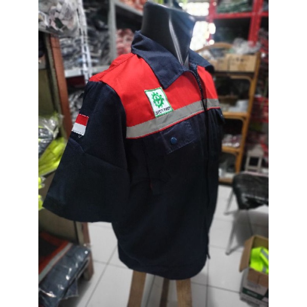 SERAGAM BAJU SAFETY LENGAN PENDEK MERAH NAVY RESLETING