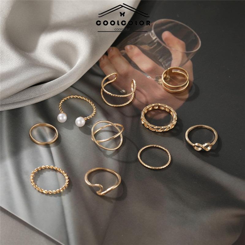 COD⭐10 Buah Set Wanita Kreatif Sederhana Manik-manik Ganda Cincin Gabungan Geometri Gelombang Mutiara- cl