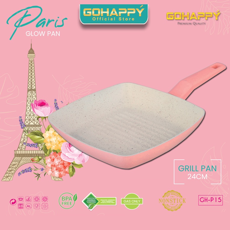 GRILL PAN PINK PARIS panci panggang glowpan square multifungsi - handle lembut - Alat pemanggang GOHAPPY GHP15