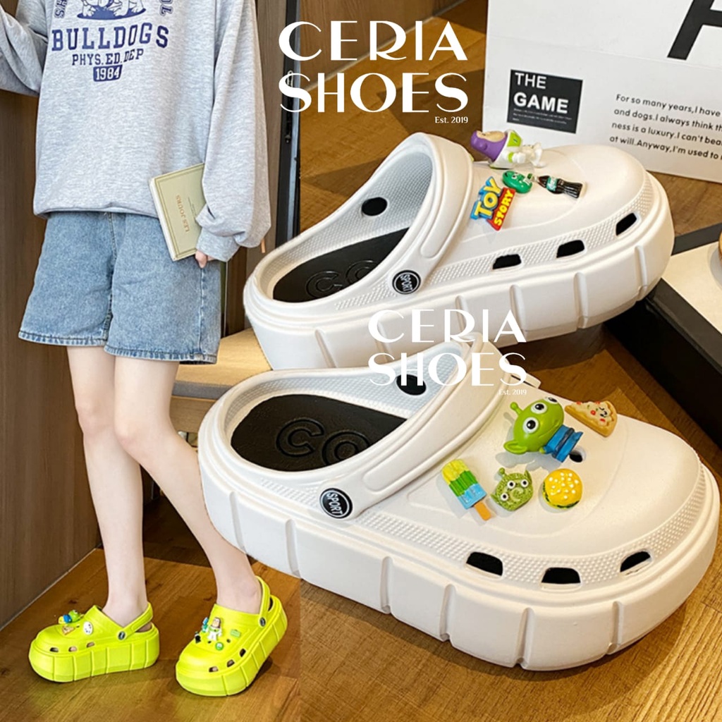 EVA Sandal Slop Clog Wanita 3D Toy Story Jibbitz Bangkok Import Spons Rubber Tebal Tinggi Karet Ringan Super Empuk Anti Slip Wedges Slides include Summer Sandals