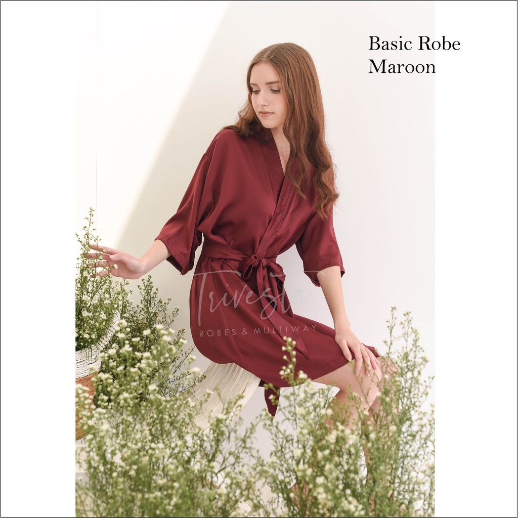 Trivesta Robes - Basic Robe Maroon - Kimono Robe Bridesmaid Satin + Free Bordir (Tulisan Bebas Bisa Nama)