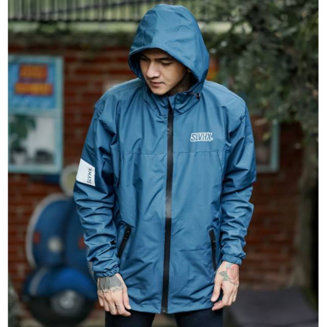 SALVIOHEXIA Jaket Waterpoof Taslan Jaket Outdoor Parasut Pria Biru