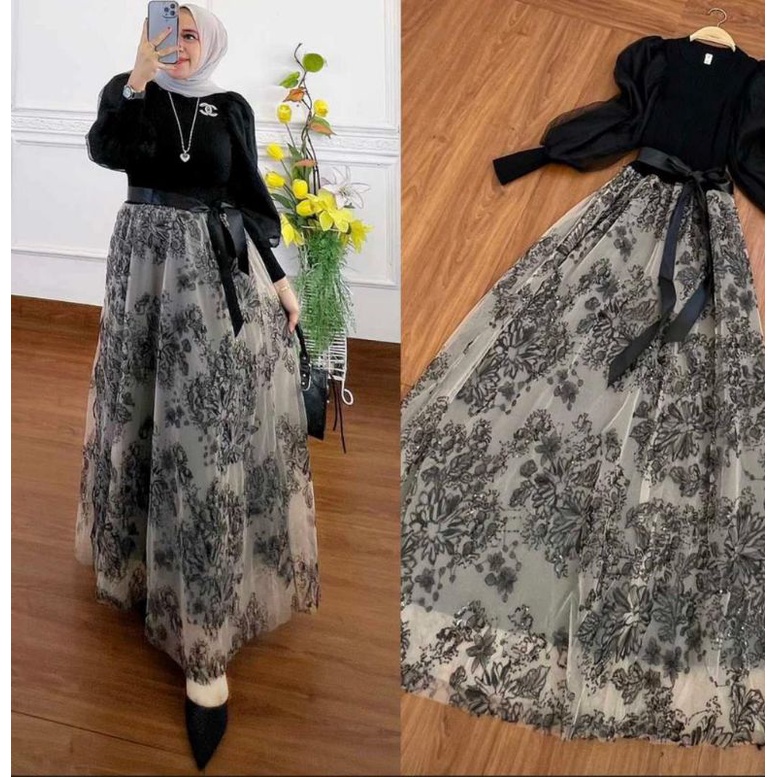 Ready dress queenaBhn rajut import premium mix organza importLd 100-110cm/pb 135cm Free belt tali