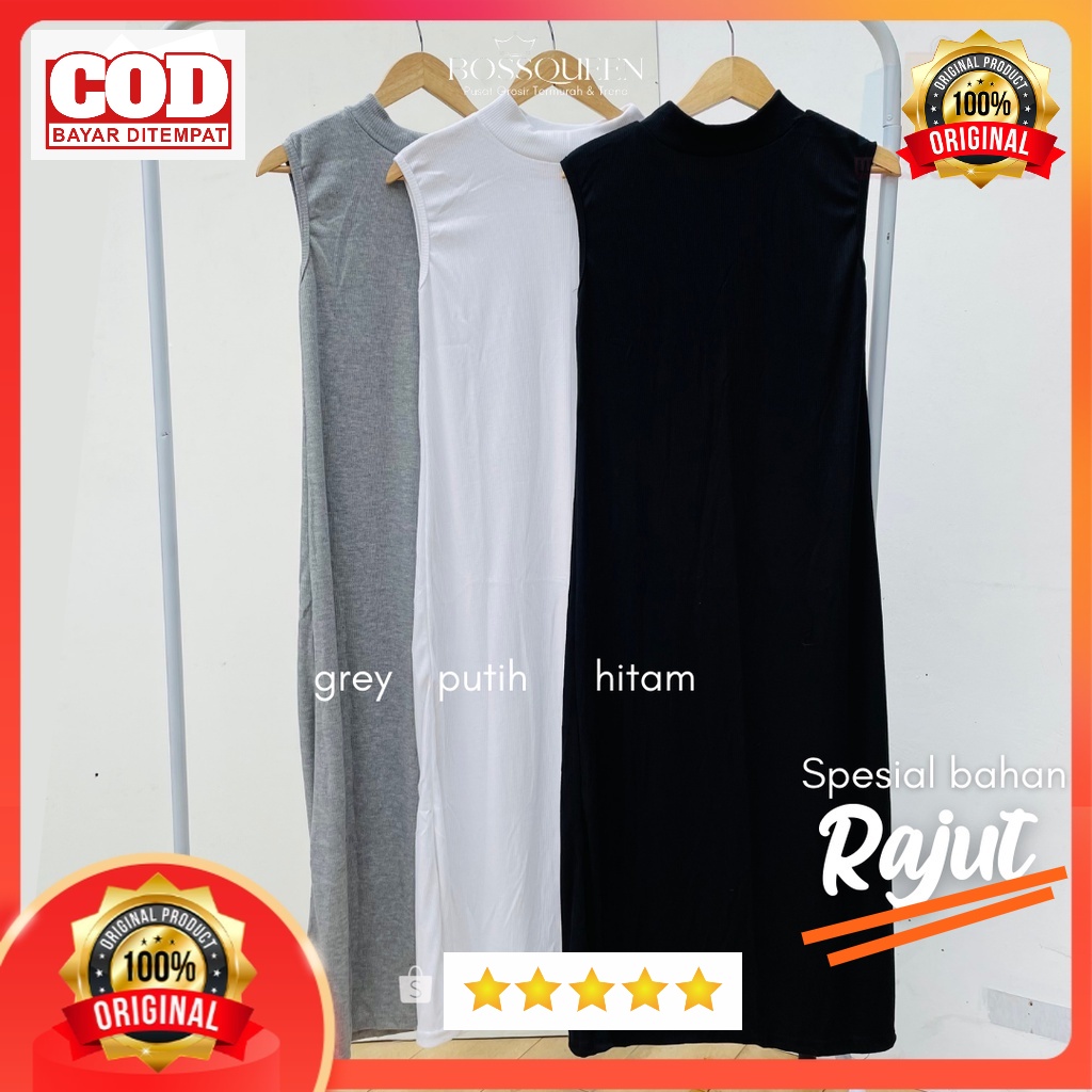 Iner Inner Dress Rajut Span Daleman Gamis Wanita Hits Tanpa Lengan Turtleneck Manset Long Dress Tanp