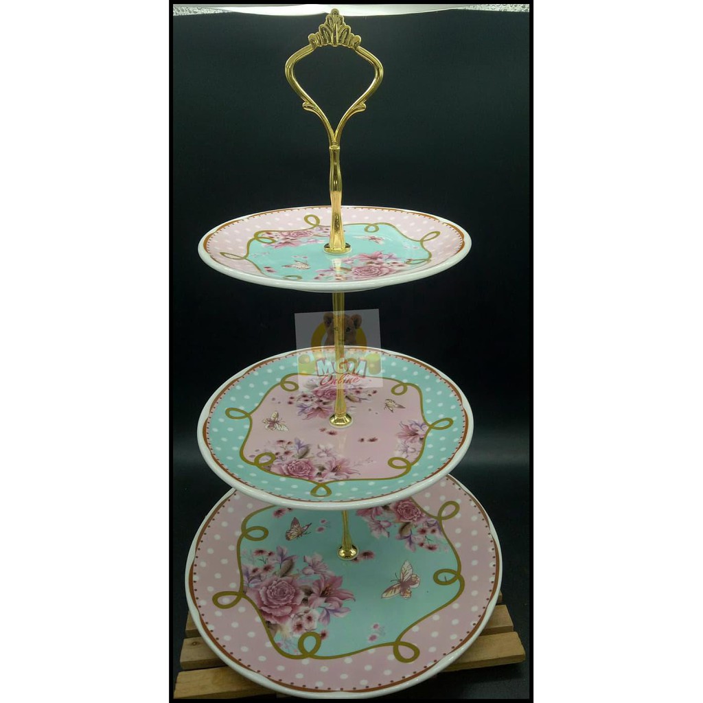 Keramik Piring Susun 3 utk tempat buah/ kue / permen Shabby gold 2399