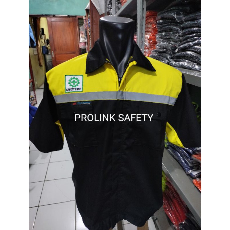 LENGAN PENDEK RESLETING HITAM KUNING BAJU SERAGAM WEARPACK ATASAN SAFETY