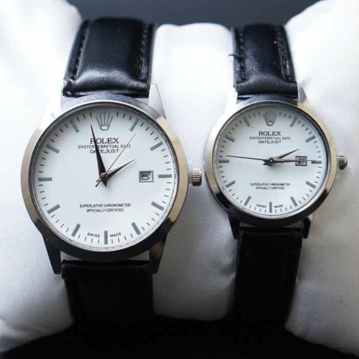 Jam Tangan Couple / Rolex Classic / Leather Black Case Silver