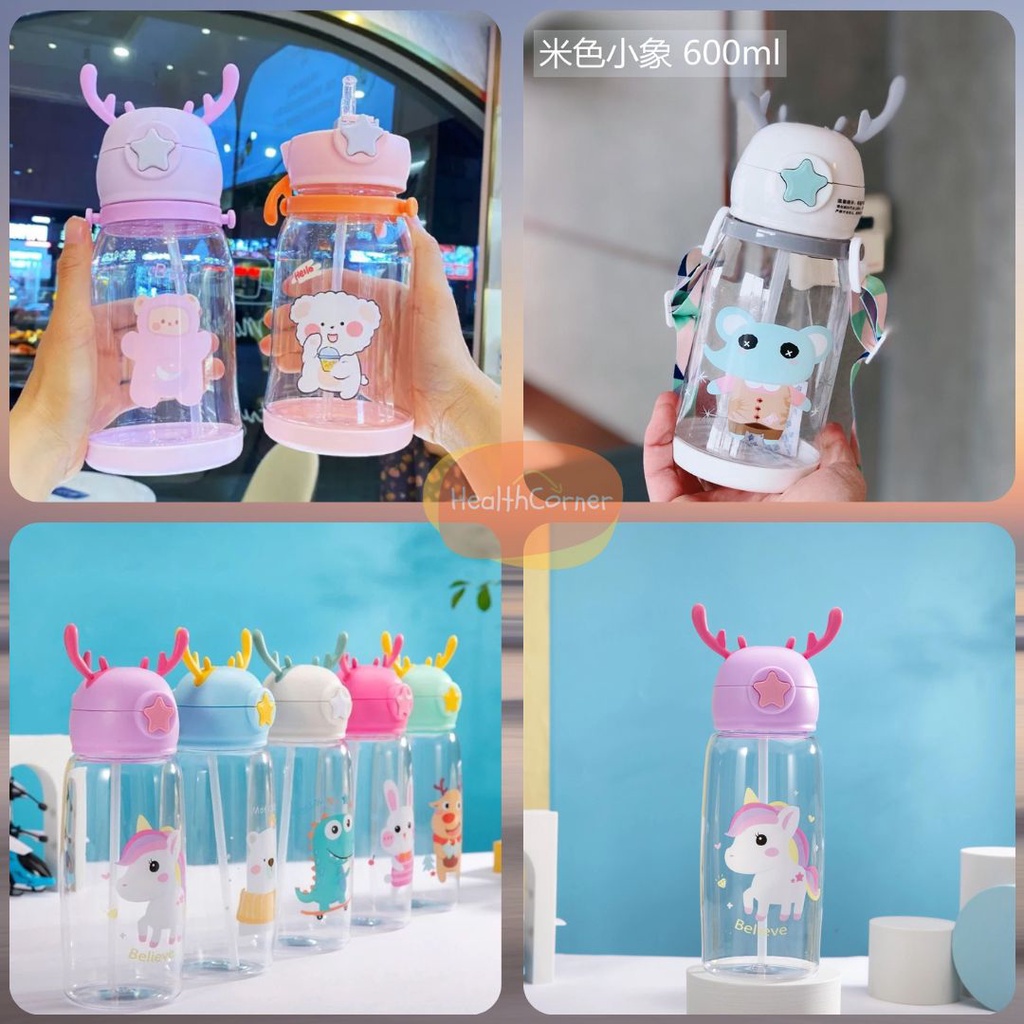 Botol Minum Karakter Tanduk Rusa Tali Sedotan / Botol Minum Anak Lucu / Kids Bottle Cute