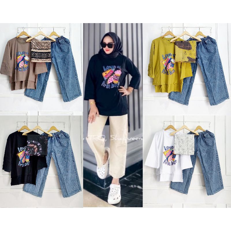 Set Kaos Combed Kulot Jeans Panjang//Set Kulot Jeans Oversize//Set Wanita