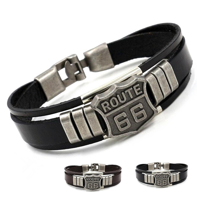 Logam Paduan dan Kulit ROUTE 66 Gelang Multi Layer Dicetak