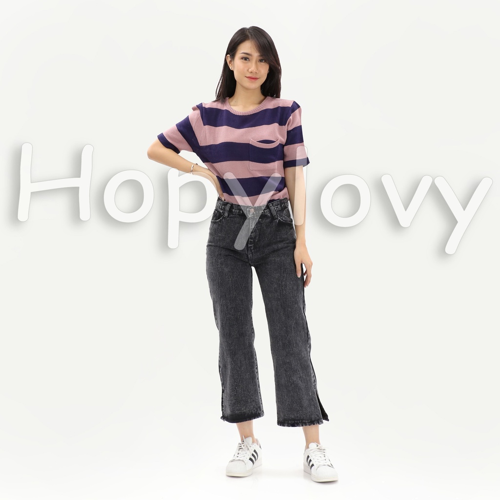 HOPYLOVY Celana Kulot Jeans Boyfriend Jeans Wanita Side Slit Wineta