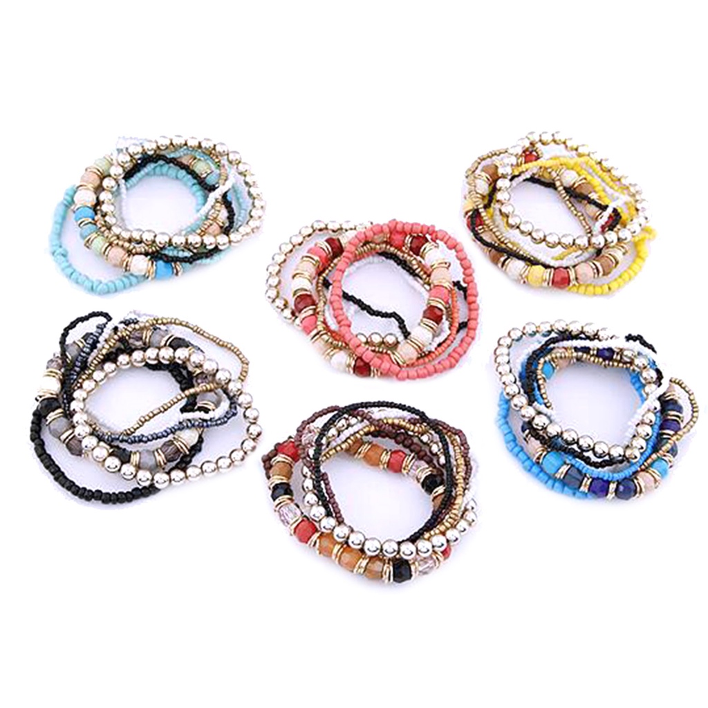 Hu Hu Hu Hu Hu Alat Bantu Pasang Kacamata♡ 7pcs / Set Gelang Manik-Manik Multilayer Elastis Gaya Bohemian Untuk Wanita