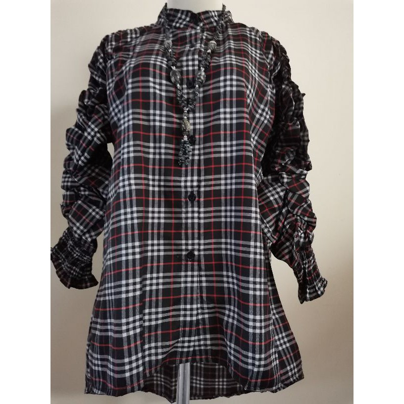 JF1517 Tunik kemeja kerut motif Burberry