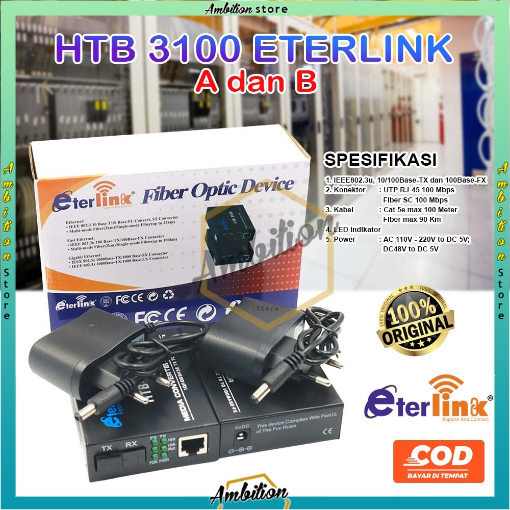 COD - HTB-3100 Media Konverter Fiber Optik Single Mode dengan 5V 2A EU adaptor