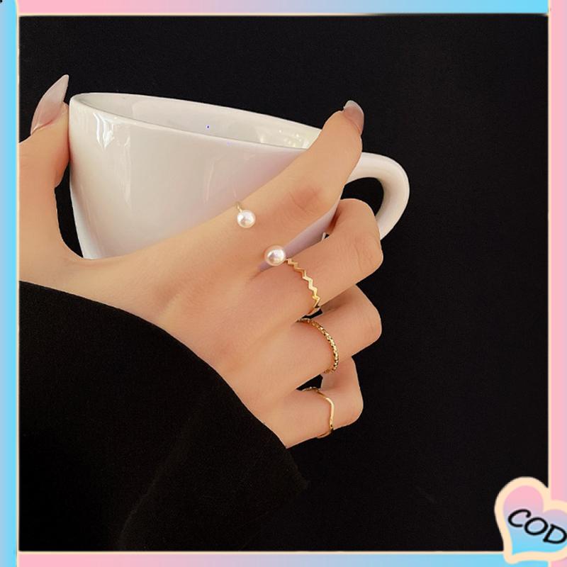 COD❤️ 4 Pcs/set Korea Cincin Emas Untuk Wanita Sederhana Mutiara Elegan Cincin Set Dapat Disesuaikan Terbuka Perhiasan Hadiah-A.one