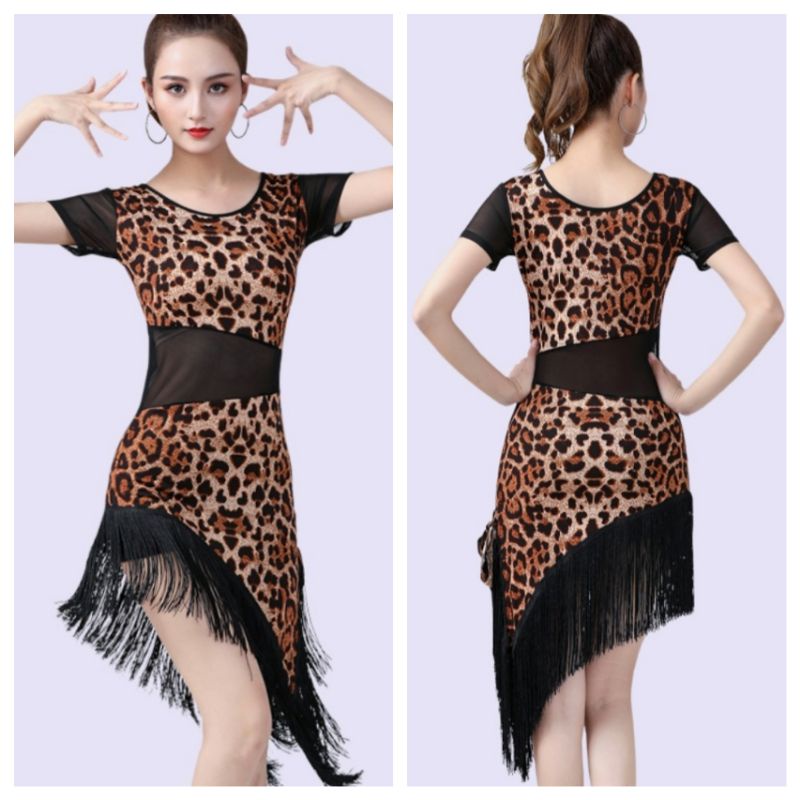 mini dress women rumbai wanita rok line dance senam gaun leopard pattern
