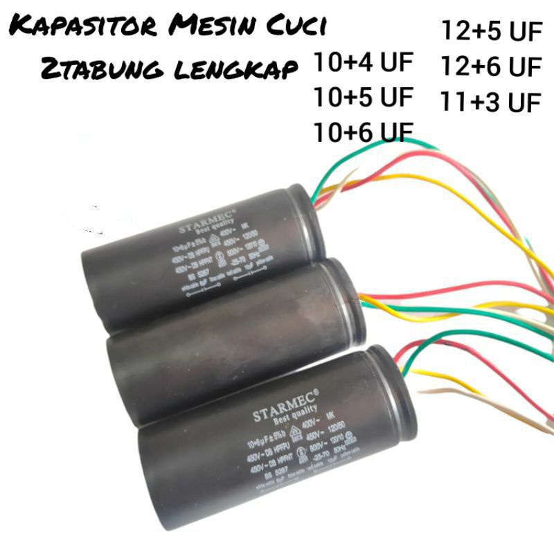 Kapasitor  ,  Capasitor , Mesin Cuci  , 2 tabung  , 4+8 , 4+10 , 4+12 , 5+12 , 5+10 , 6+10 , 6+12 , 6+14 UF 11+3  UF  4 kabel