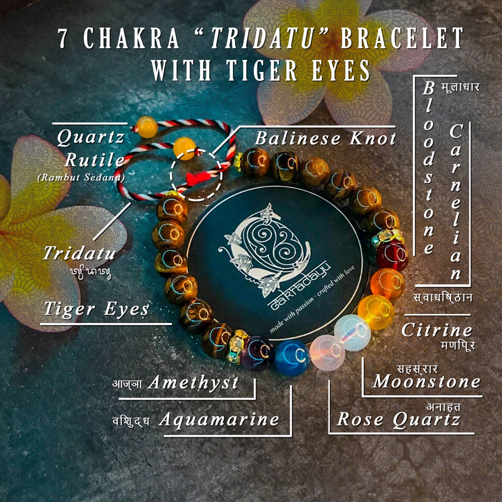 Gelang Tridatu Cakra 7 Batu Kristal dengan Tiger Eyes - Gelang Energi Chakra untuk Motivasi dan Percaya Diri