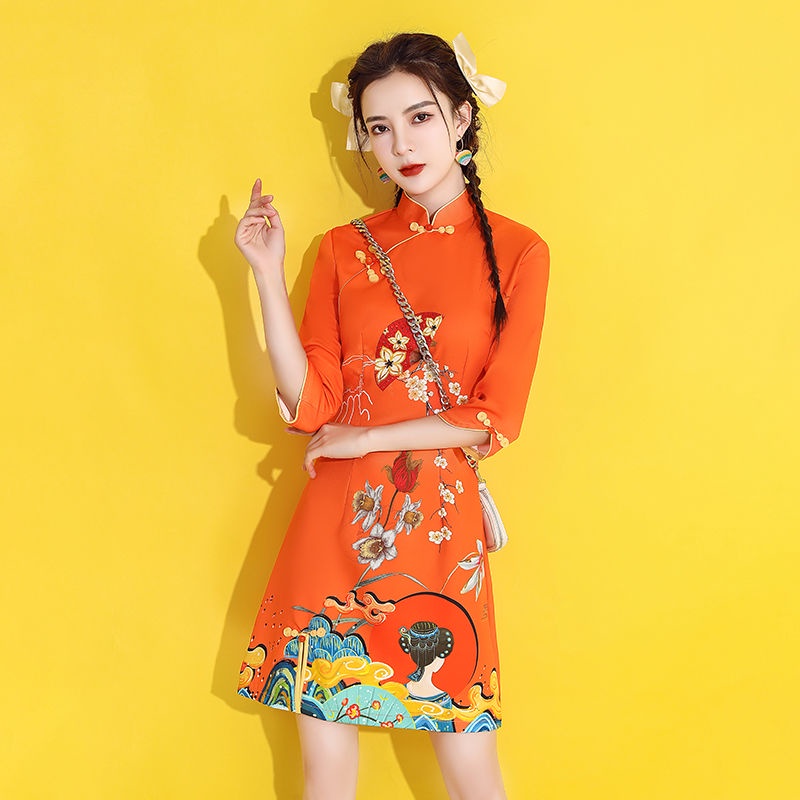 Guochao cheongsam 2023new young spring and autumn orange improved short spring Chinese women's dres