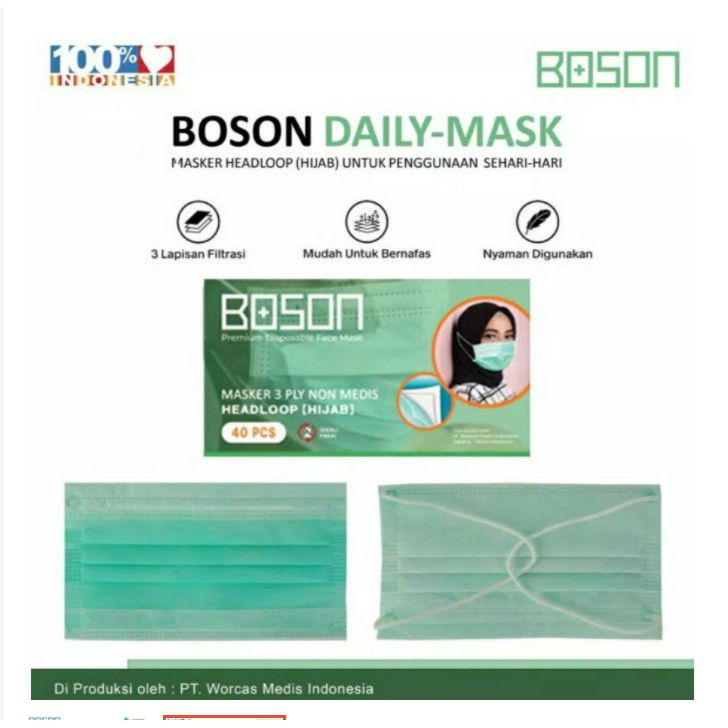 BOSON DAILY FACE MASK Earloop/ Headloop 3 ply isi 40 pcs Original 100% (ADA EMBOST BOSON DI MASKER)