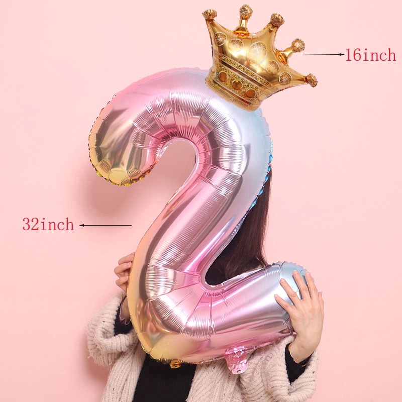 rainbow number balloons gold crown foil balloon kids birthday party Decorations