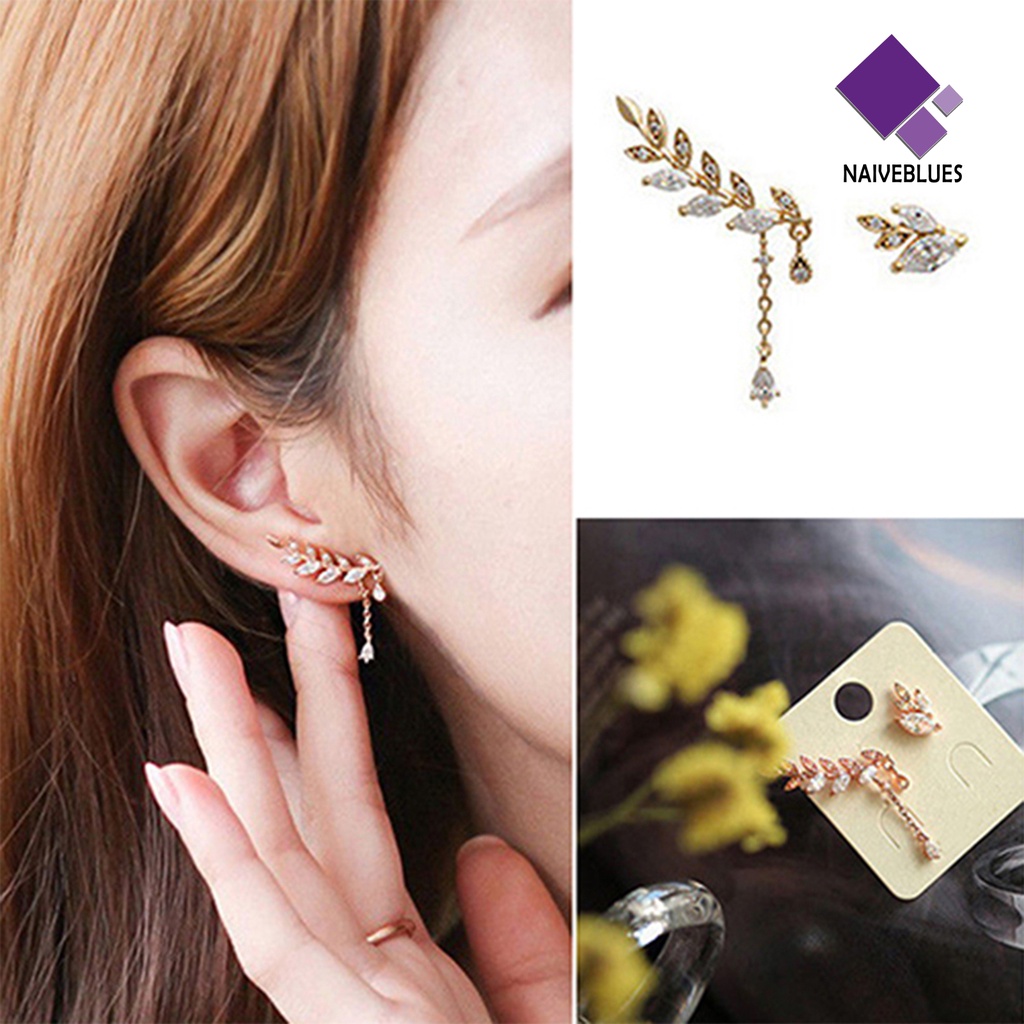 Anting Stud Rumbai Bentuk Daun Asimetris Anti Karat Untuk Wanita