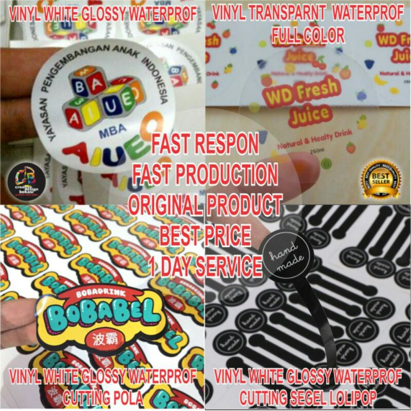 

STIKER LABEL KEMASAN VINYL WHITE & TRANSPARANT A3 + CUTTING (BULAT, OVAL,KOTAK,POLA) MINIMAL ORDER 5 LEMBAR