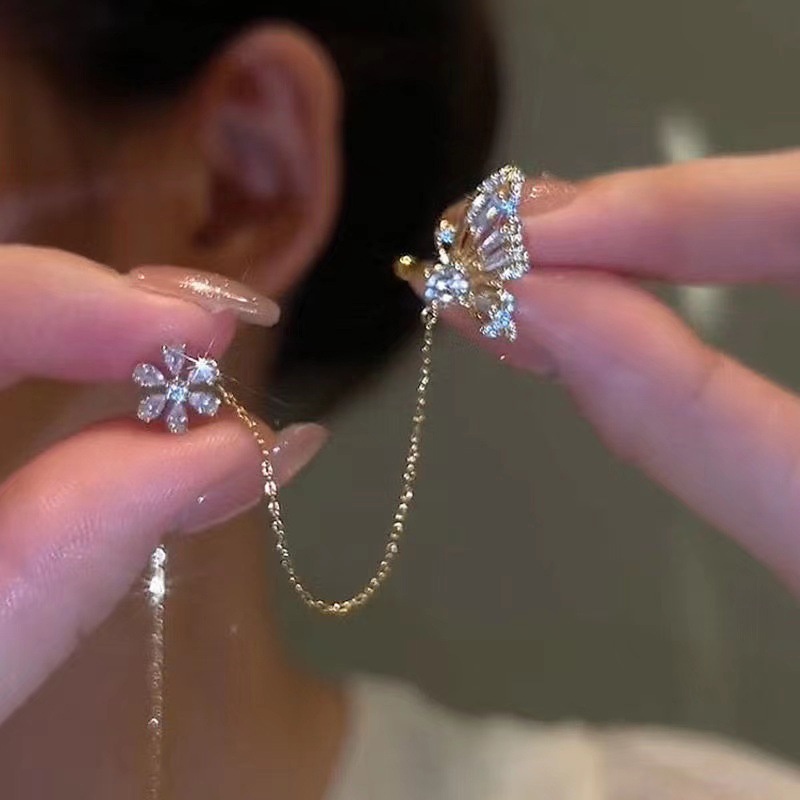 Anting Rumbai Desain Kupu-Kupu Aksen Berlian Imitasi Gaya Jepang Korea