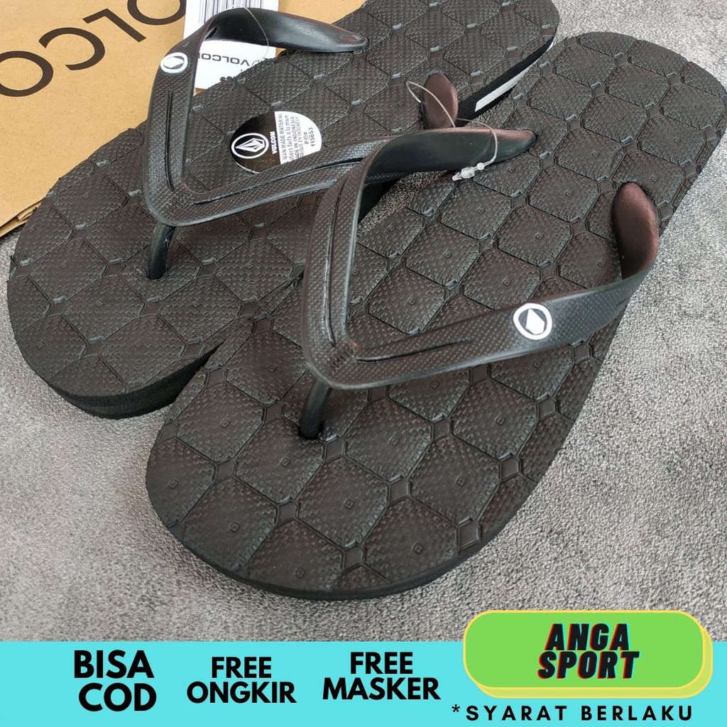 SANDAL PRIA VOLCOM / SANDAL JEPIT COWOK / SENDAL DISTRO WANITA / SANDAL KASUAL MOTIF KOTAK FULLBLACK