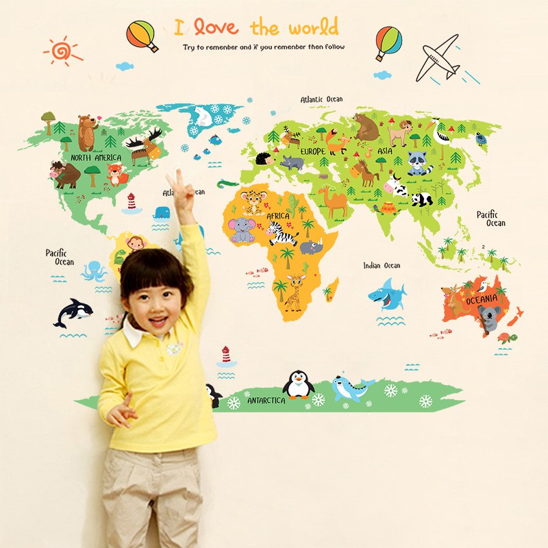 RELIZA WALL STICKER PETA DUNIA ANAK MAP I LOVE THE WORLD ANIMAL ABC1049 STIKER DINDING