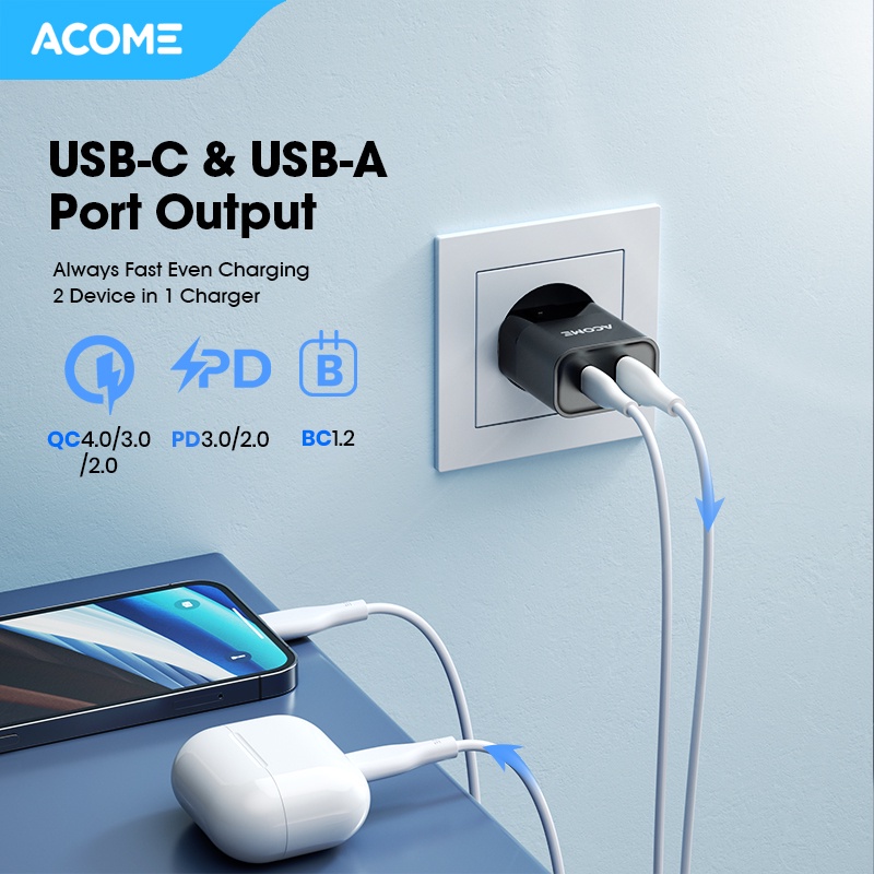 ACOME Charger GaN 30W Fast Charging PD/QC 3.0 Dual Port Support Laptop/iPad Garansi Resmi 1 Thn - ACG30 PRO