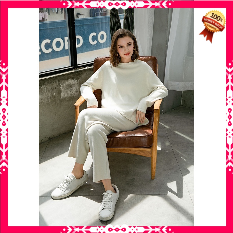 Sweater Setelan Wanita 2 Pieces Set Women Knitted Tracksuit Turtleneck Sweater + Carrot Jogging Pant