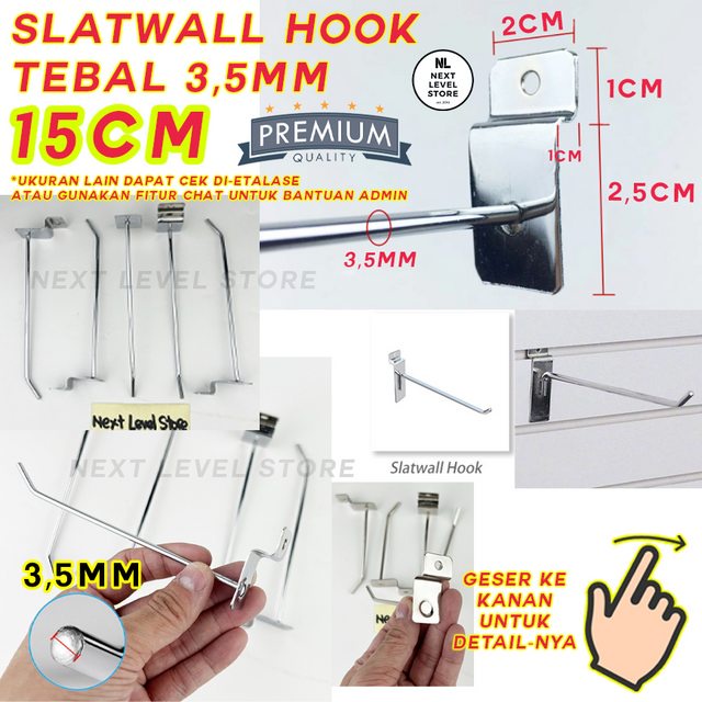 Slatwall Hook Cantolan 15 CM TEBAL 3,5mm Stainless Slat Slot Wall Jepit Gantungan Rak Display Aksesoris