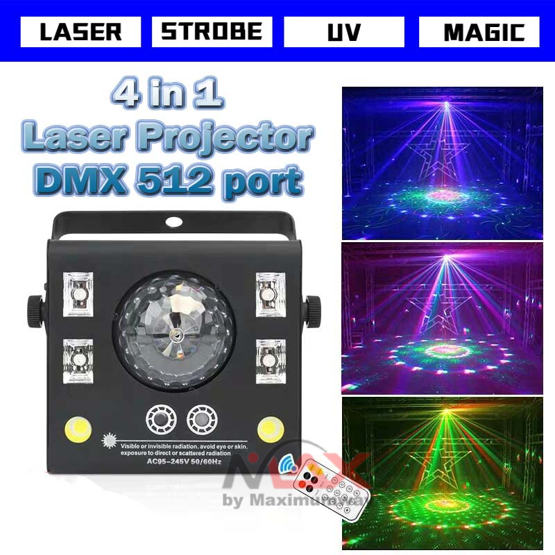 Proyektor Laser Panggung 4 in 1 untuk Pesta DMX 512 efek lengkap lampu sorot disco DJ lampu Led Hias pesta sensor suara DMX512 port ALIEN 50W 4in1 Remote DMX Stage Laser Projector Strobe Magic Ball Lighting Effect DJ Disco Party Holiday Wedding UV Black