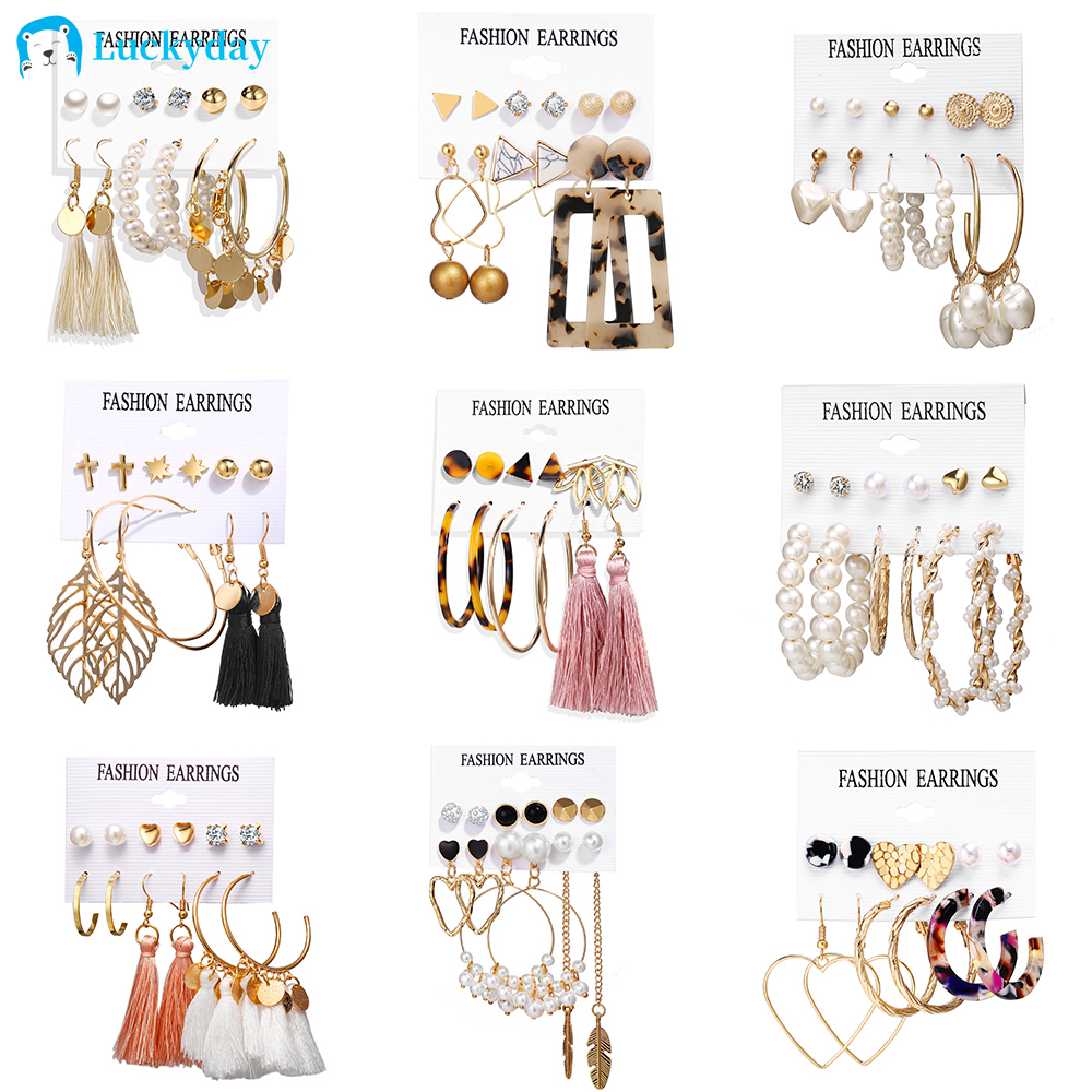 YEEZII 20Types Bohemia Anting Emas Set Anting Korea Fashion Rumbai Retro Geometris Hollow Mutiara Kupu-kupu Wanita Perhiasan Aksesoris