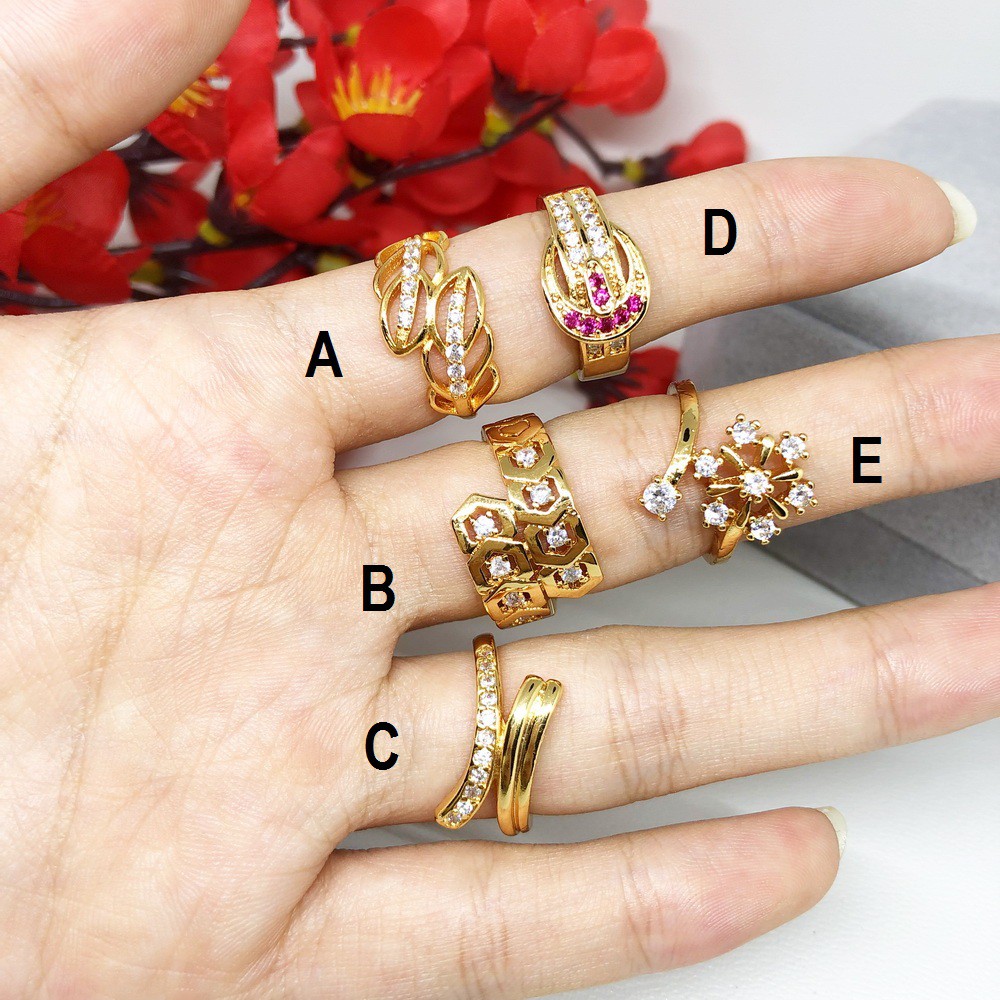 Cincin Yaxiya Model Silang Snowflake Belt Batu Pink Daun Lapis Emas - BR409