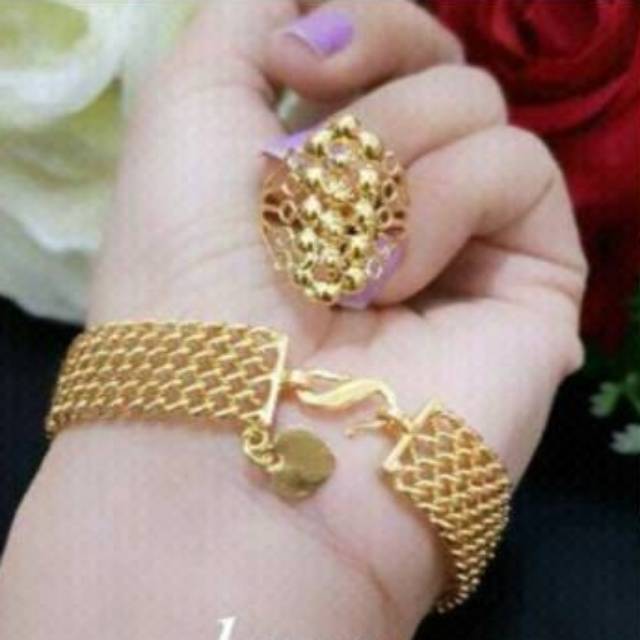 Set gelang tangan plus cincin terlaris dilapisi emas 24 k