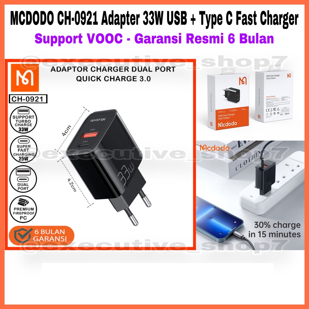 MCDODO CH-0921 Adapter 33W USB + Type C Fast Charger - Support VOOC - Garansi Resmi 6 Bulan