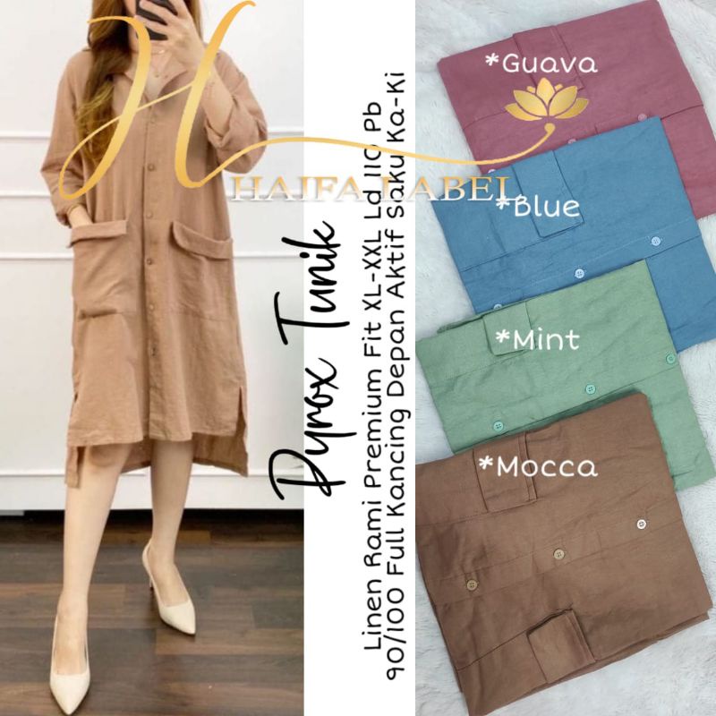 Pyrox Tunik Fashion Muslim Tunik Busui Fab Linen Rami Premium Full Kancing Depan Aktif Saku Ka-Ki