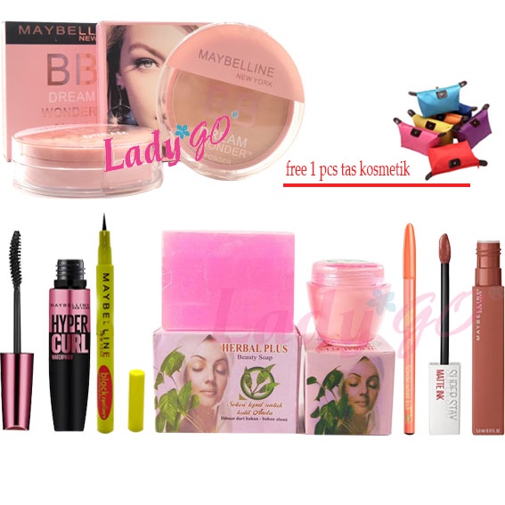 PAKET SKINCARE DAN KECANTIKAN-cream &amp; sabun herbal plus-bedak bb dream-mascara-eyeliner-lipcream-viva GRATIS 1 pc tas kosmetik