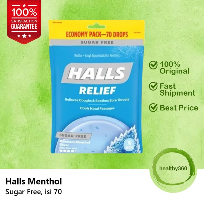 Halls Sugar Free Menthol Permen Batuk Pilek Tenggorokan Isi 70