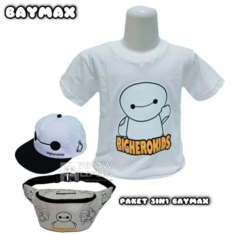 paket 3IN1 baju kaos anak topi anak  tas selempang anak baymax baju kaos anak laki laki waist bag anak