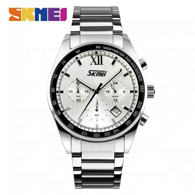 Jam Tangan Pria / SKMEI 9096 Analog Date Chrono aktif / Stainless Steel Analog Original / SKMEI