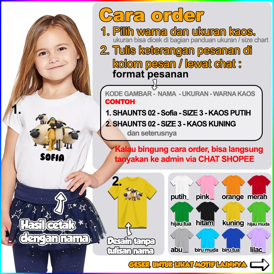 [FREE NAMA!!] Baju Kaos ANAK DAN DEWASA SHAUN THE SHEEP BANYAK MOTIF