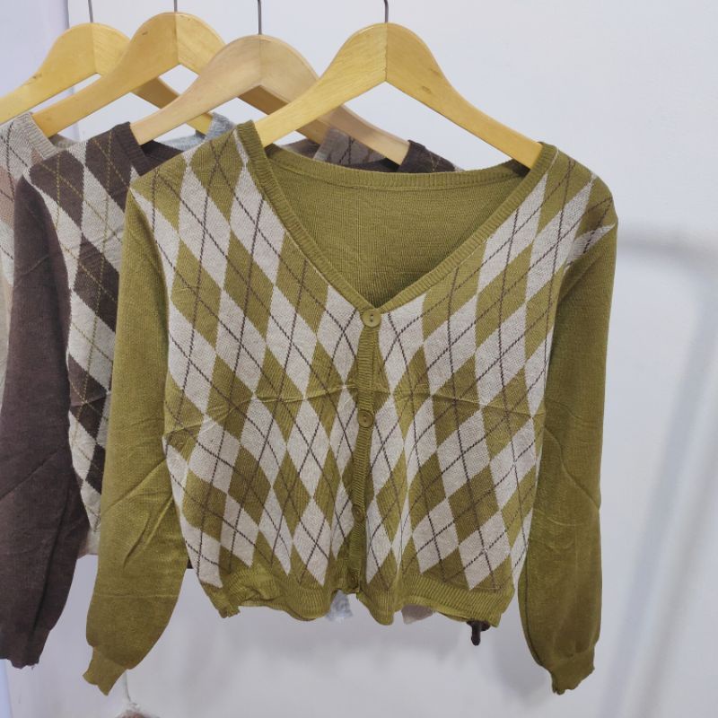 【BISA COD】Argyle V-Neck Longsleeve Knit Cardigan Korean Style Outer kardigan cewek ketupat lengan panjang rajut import-[1102] Hijau Lime