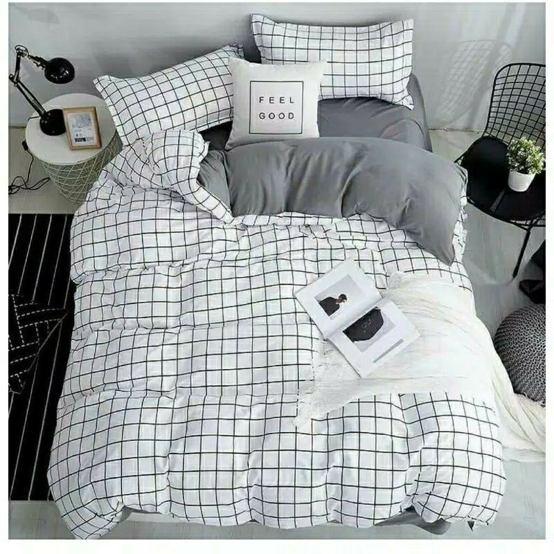 sprei 180x200 seprai aesthetic ala korea motif kotak putih