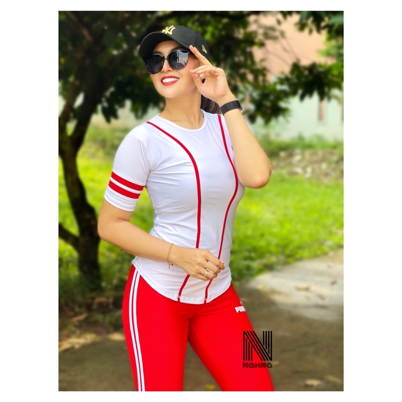 Setelan Baju Senam Olahraga Baseball Putih Merah  / Baju Senam Aerobik Fitness Zumba Cycling Running-6
