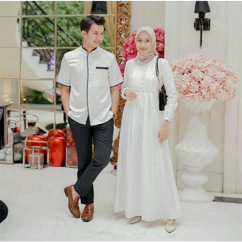 Reline Shakila Premium Paket Setelan Baju Muslim Couple Pasangan Pria Wanita Set 2in1 Gamis Syari Maxi Pesta Kondangan dan Kemeja Koko