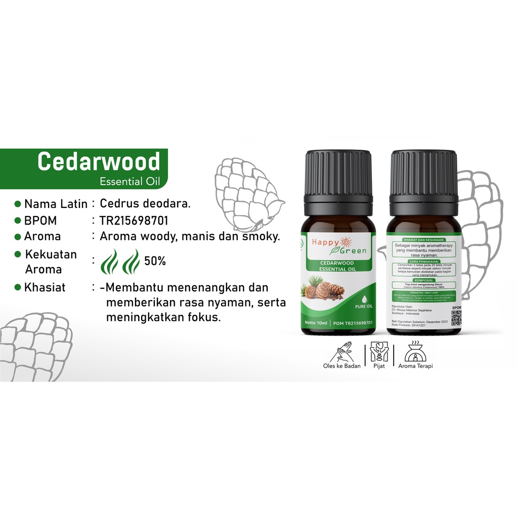 BPOM Happy Green Cedarwood Essential Oil - Minyak Atsiri Kayu Aras Cedar Wood Murni Garansi Uang Kembali