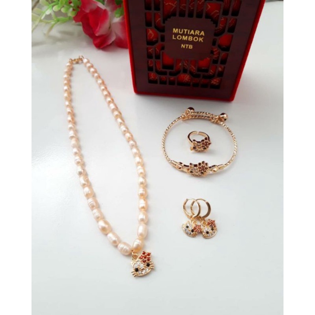 BERSERTIFIKAT SET PERHIASAN ANAK MUTIARA AIR TAWAR LOMBOK RHODIUM KALUNG ANAK FULL MUTIARA LOMBOK
